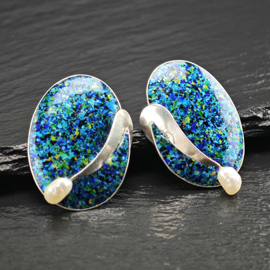 Modernist Handmade Pearl, Enamel Sterling Silver Stud Earrings ER3181