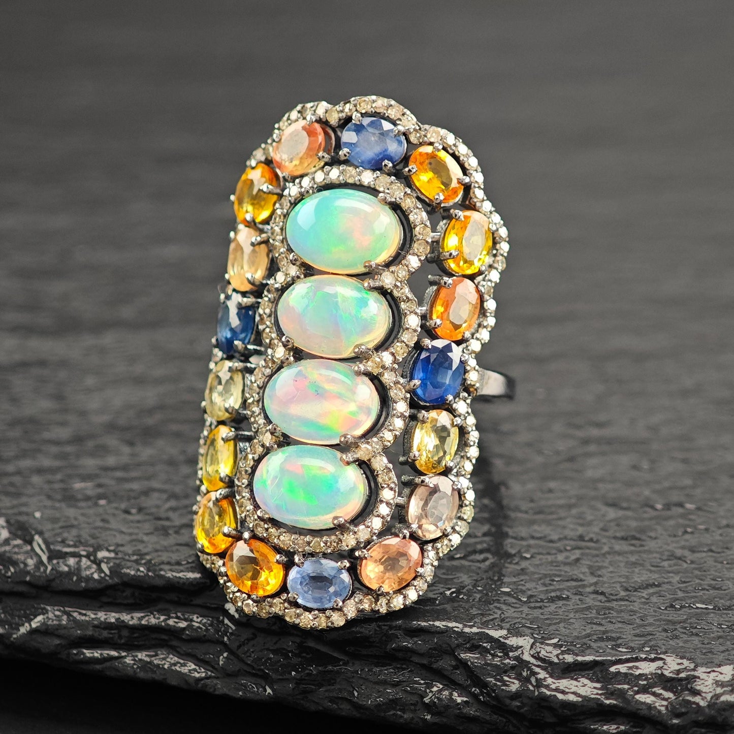 Oxidized Diamond, Opal, Sapphire Sterling Silver Ring R5799