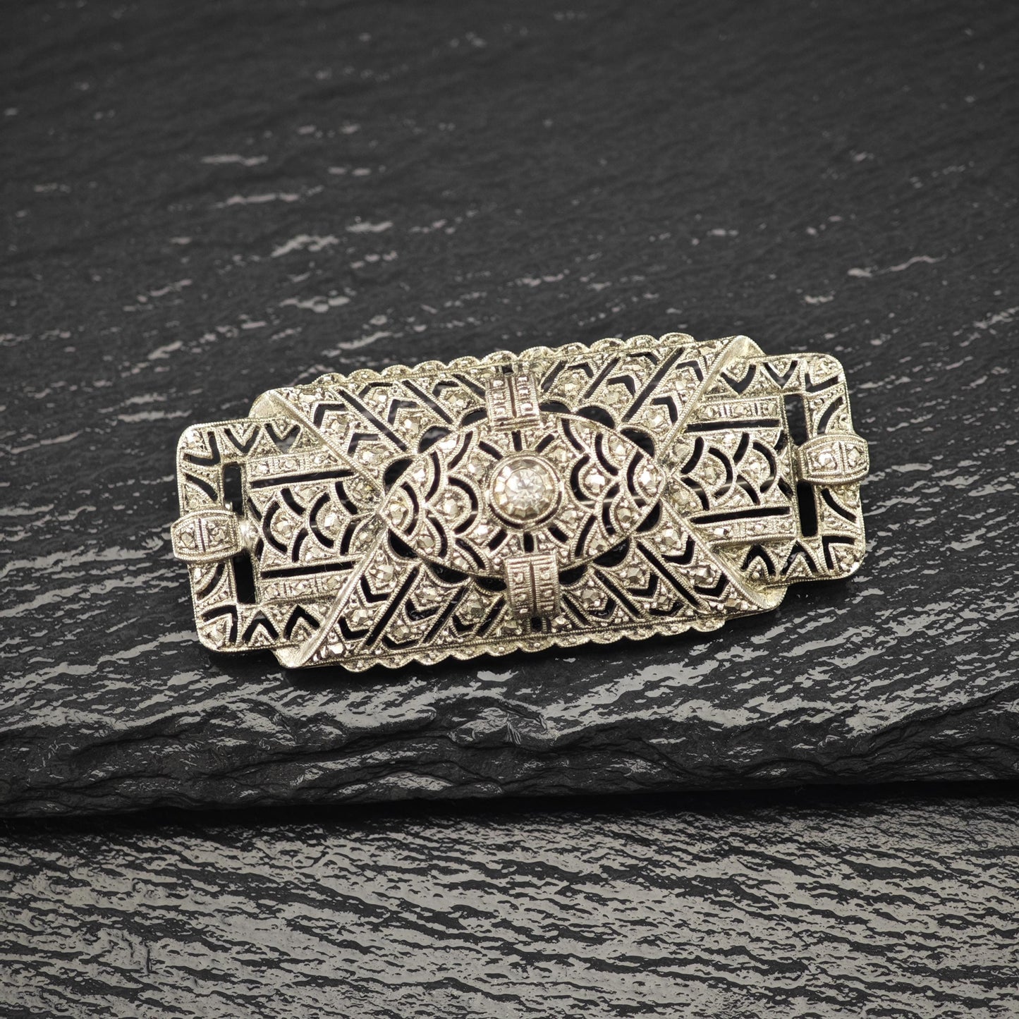 Art Deco Sterling Silver Brooch Filigree White Paste