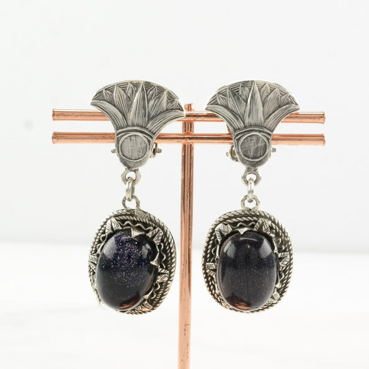 Egyptian Revival Sterling Silver Blue Goldstone Earrings Clip On