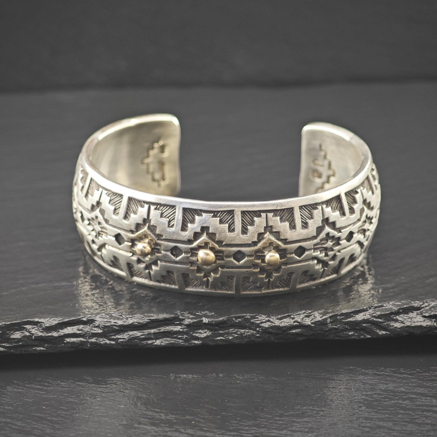 Silver Cuff Bracelet with 14k Gold Accents by Navajo, Native American Silversmith Sterling