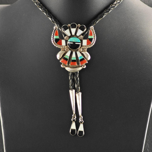 Native Inlay Bolo Tie Necklace Multi-color Turquoise Coral Onyx MOP Sterling Silver N2581