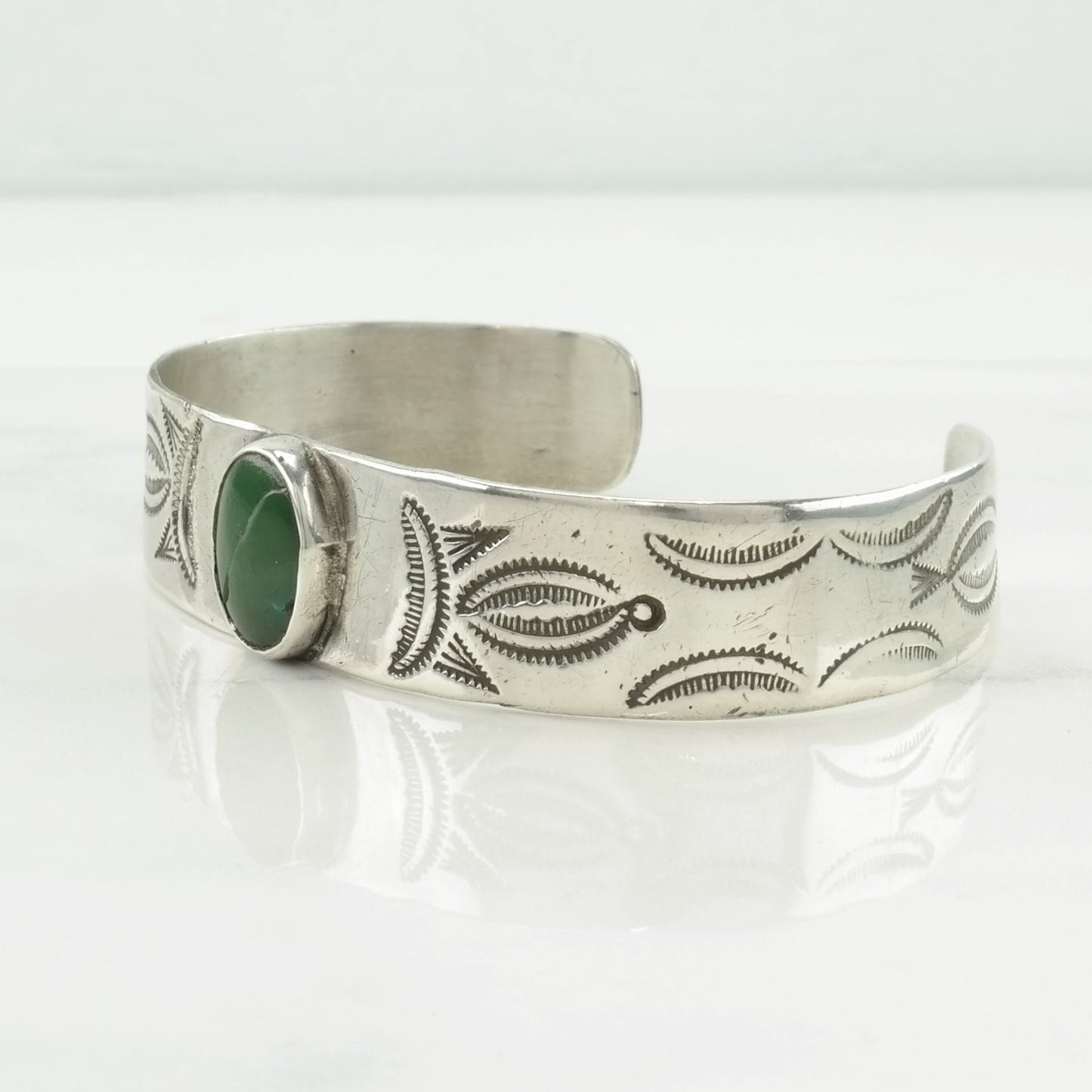 Early, Native American Sterling Silver Cuff Bracelet Olive Green Turquoise Stamped