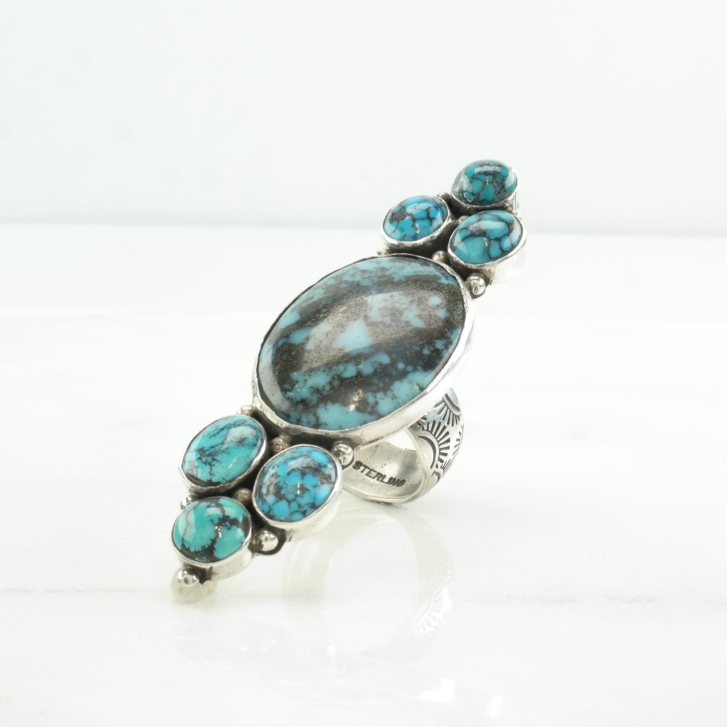 Vintage Native American Silver Ring Spiderweb Turquoise Long Sterling Size 7 1/2