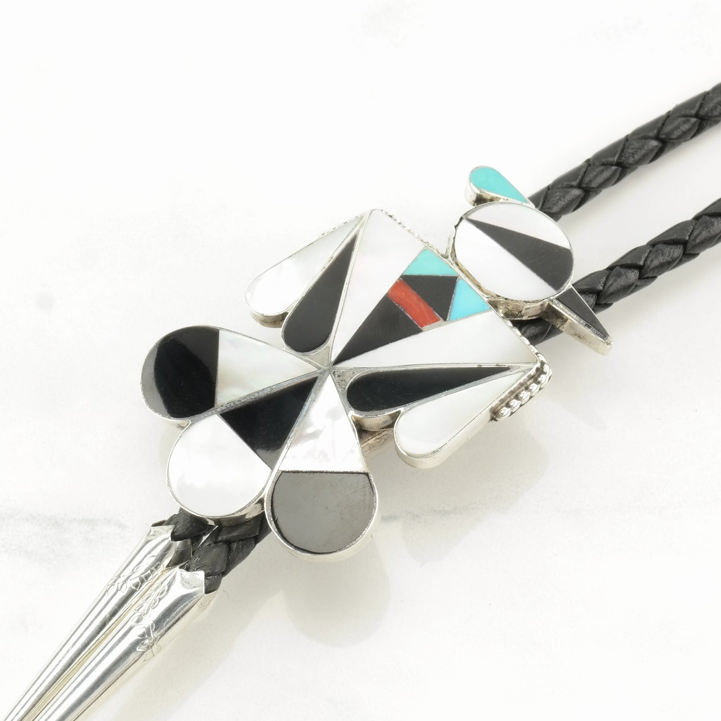 Native American Sterling Silver MOP, Onyx, Turquoise, Coral Bird, Inlay Bolo Tie