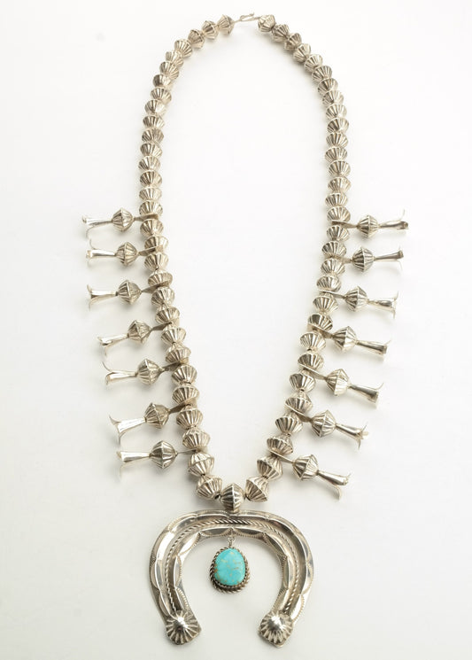 Native American Turquoise Squash Blossom Necklace Sterling Silver