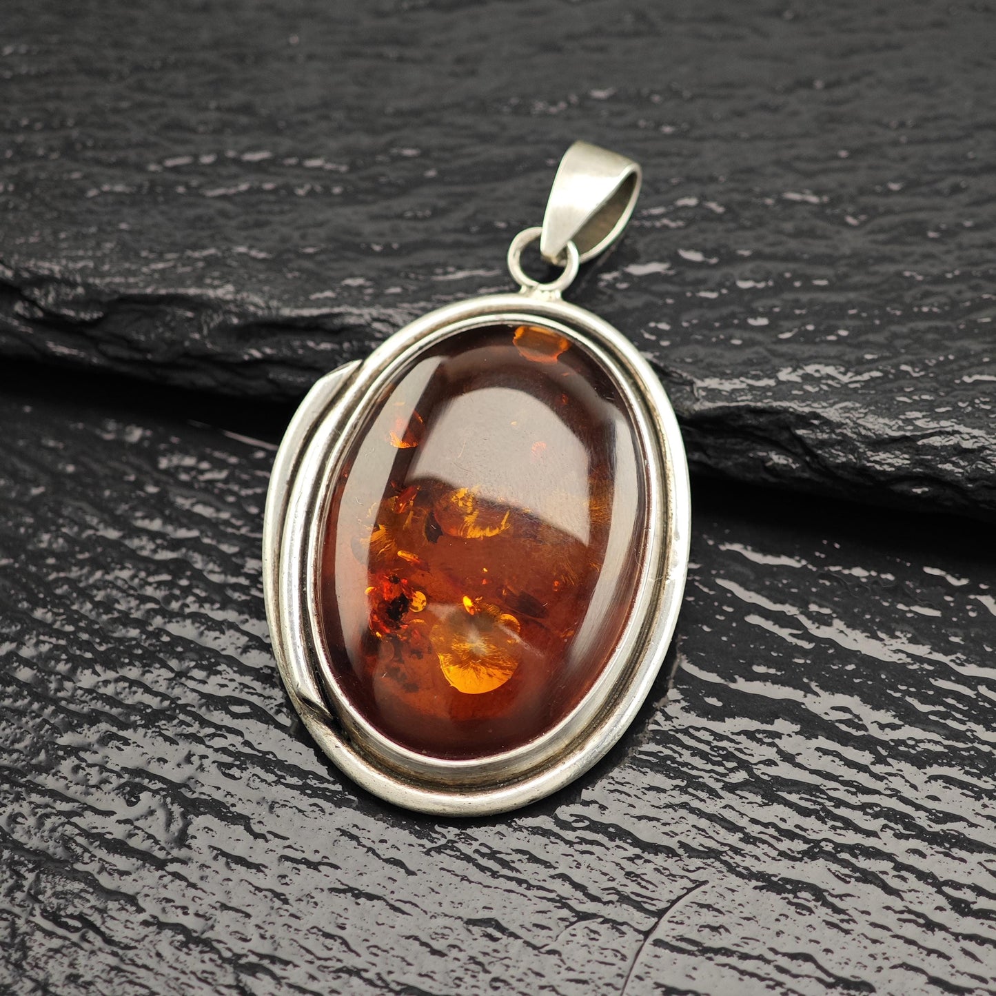 Vintage Oval Amber Pendant Sterling Silver