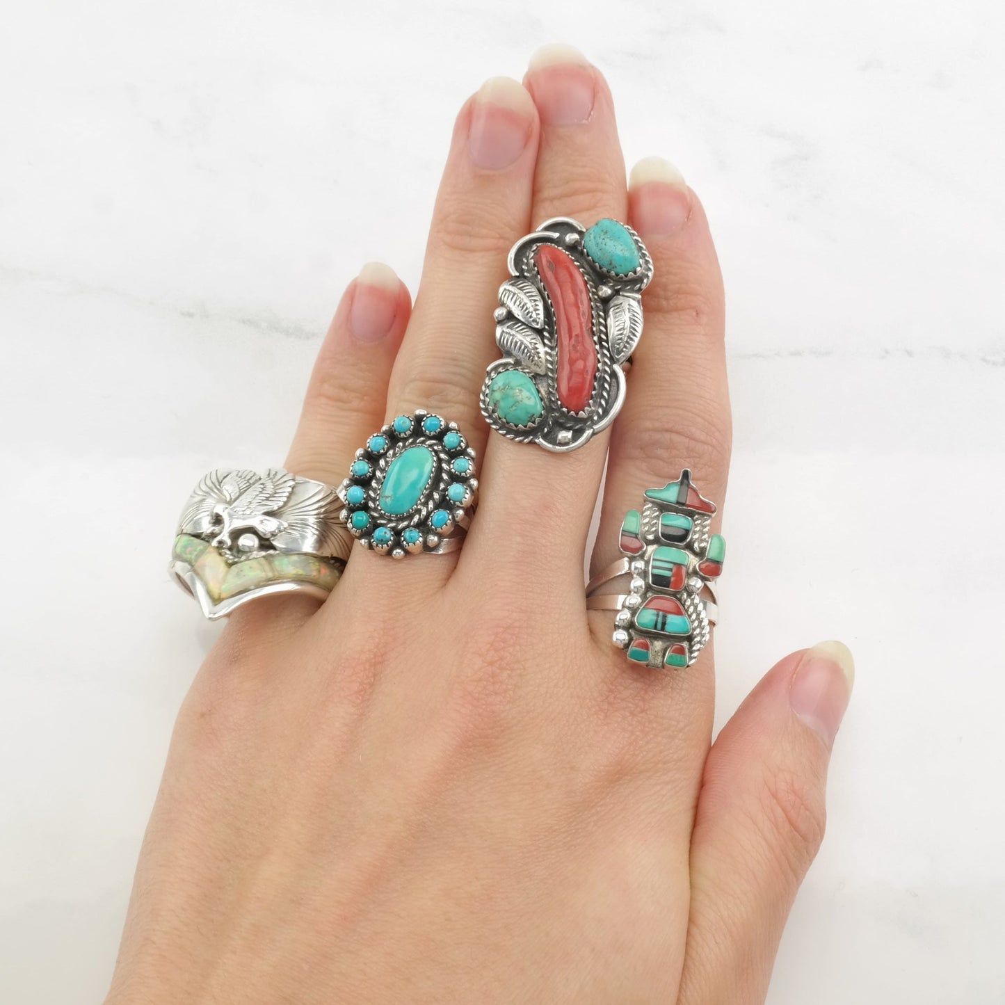 Native American Ring Coral, Turquoise Feather Sterling Silver Size 4