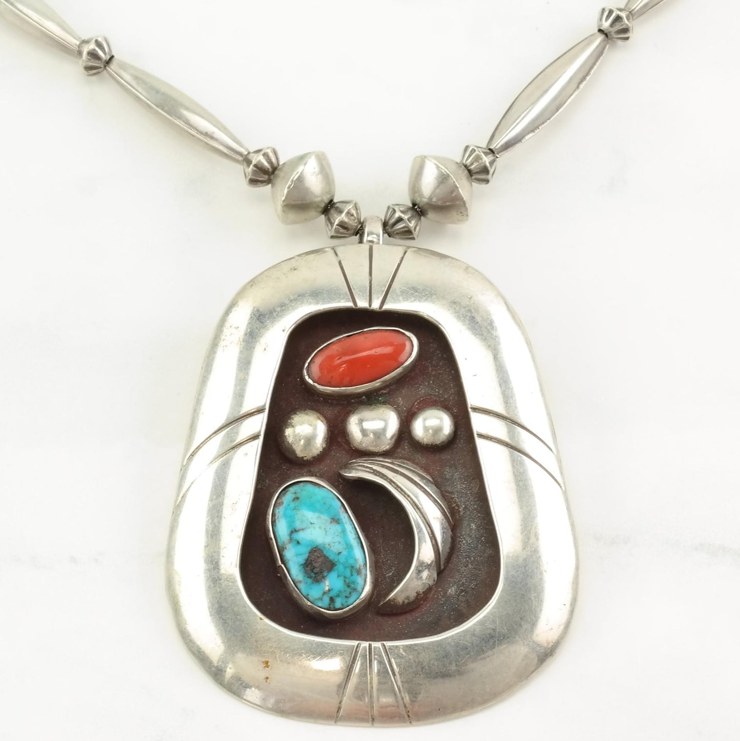 Native Sterling Silver Blue, Red Coral, Turquoise Shadowbox Necklace N2161