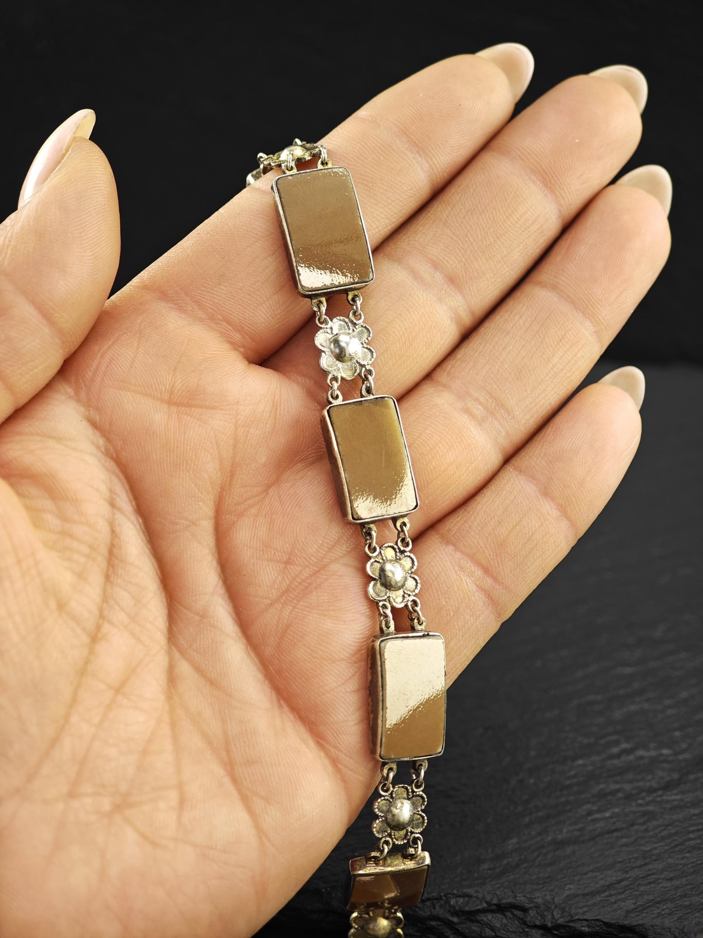 Chinese Export Brown Porcelain, Gold Gilded Bracelet Sterling Silver