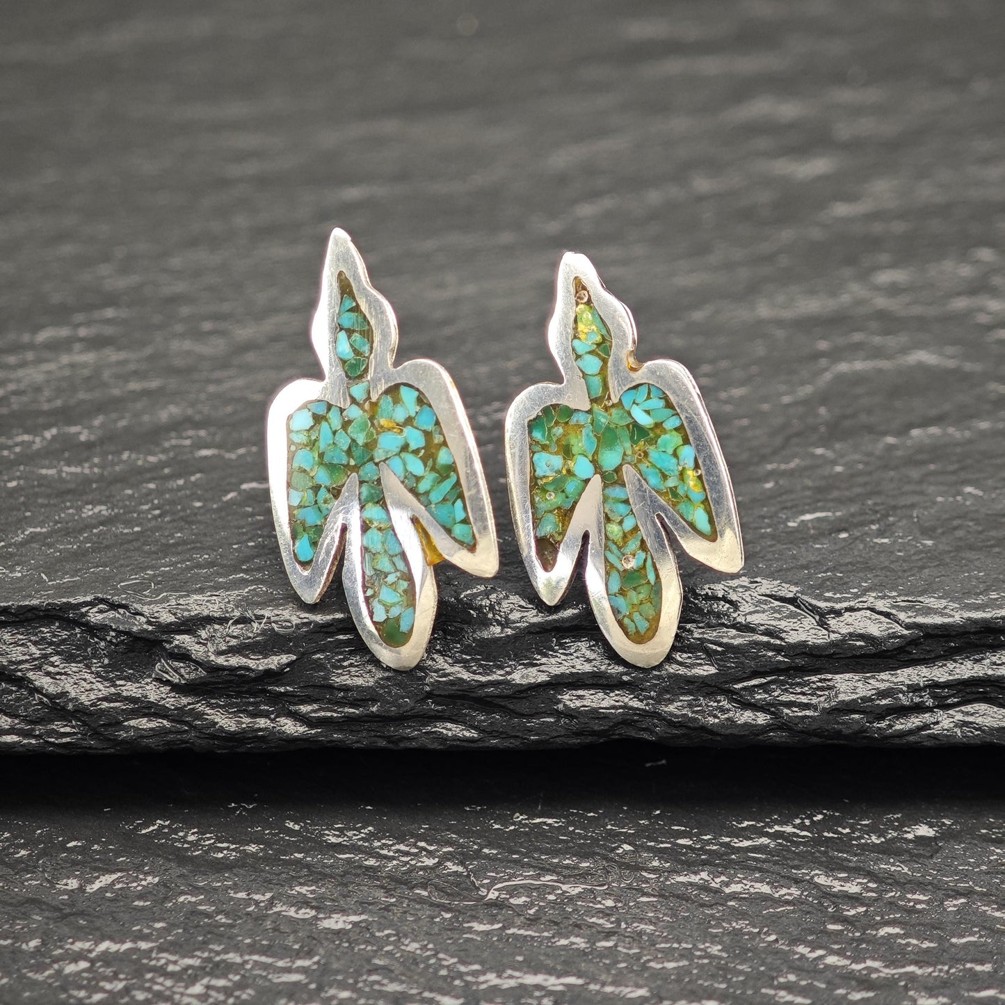 Native American Green Inlay, Turquoise Thunderbird Stud Earrings Sterling Silver
