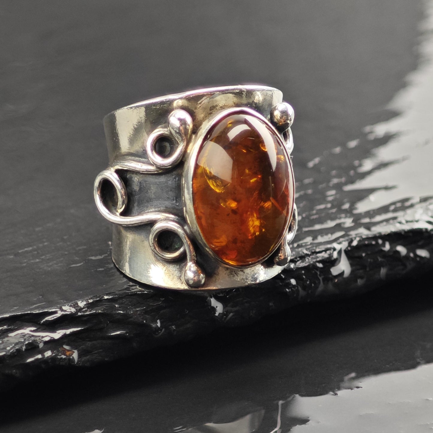 Large Amber Modernist Sterling Silver Ring Sz 6 3/4 R6727