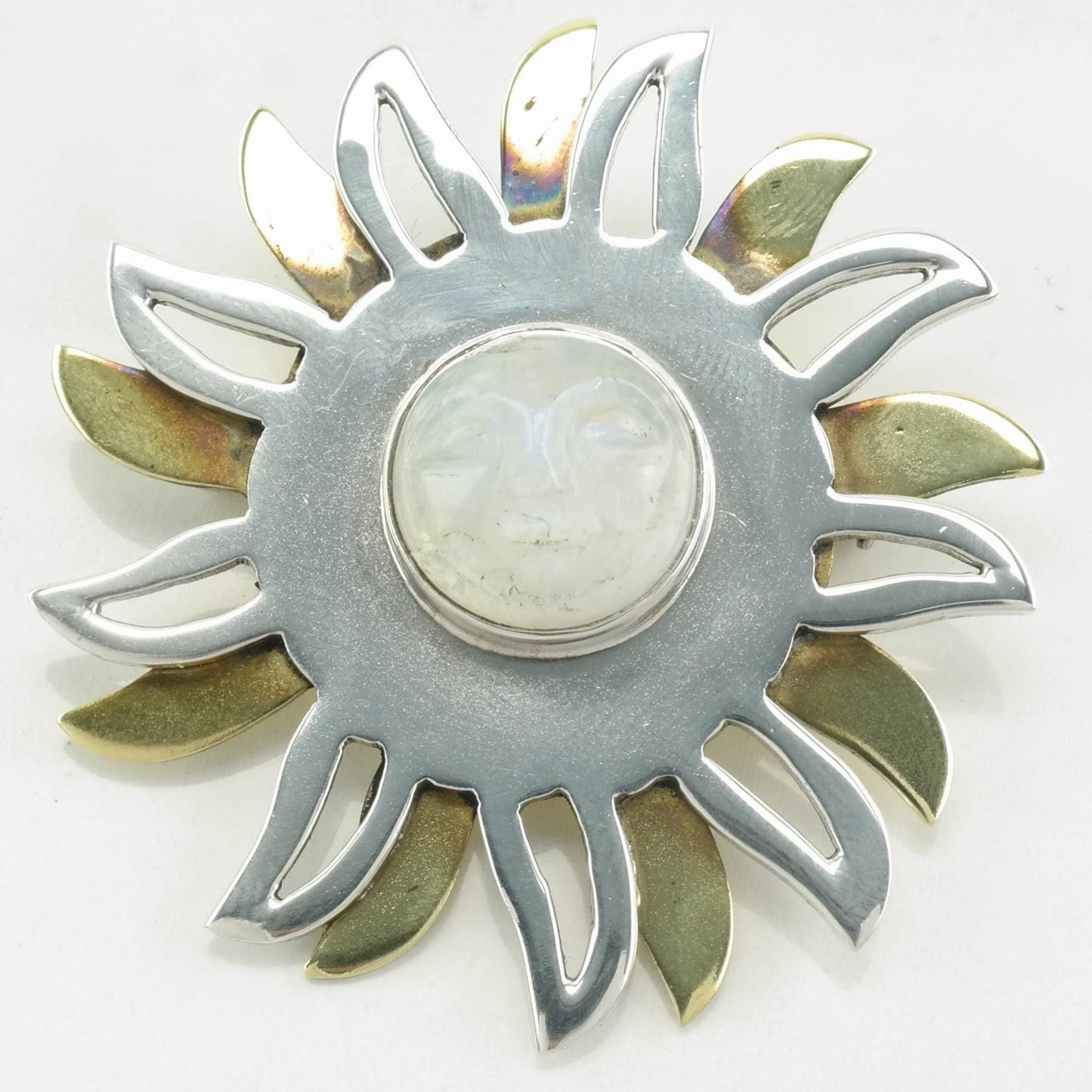 Mexican Sterling Silver Brooch Pendant Two Tone Sun, Carved Moonstone