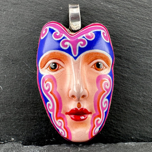 Sergio Bustamante Enamel, Women's Face Brooch/Pendant Sterling Silver