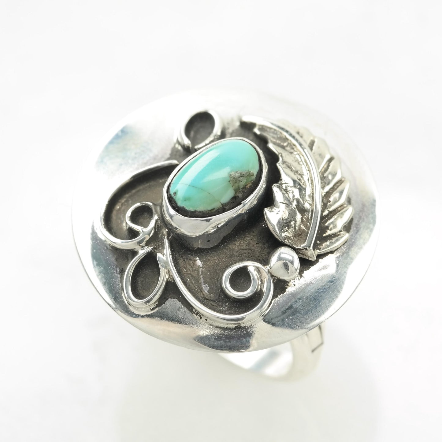 Vintage Rescued Silver Ring Turquoise Feather Sterling Blue Size 9 1/2