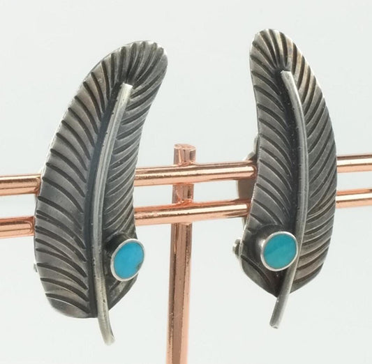 Native American Sterling Silver Blue Turquoise Leaf Clip on Earrings