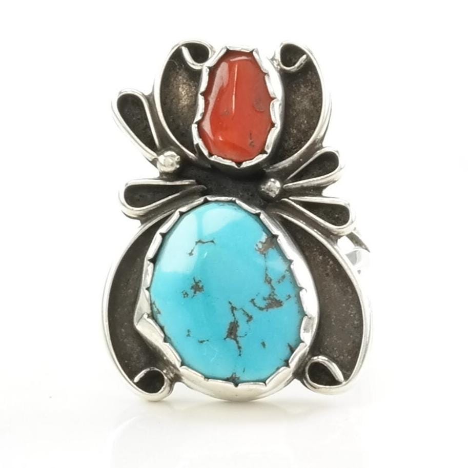 Native Silver Ring Turquoise, Coral Spider Sterling Blue, Red Sz6 1/2 R5121