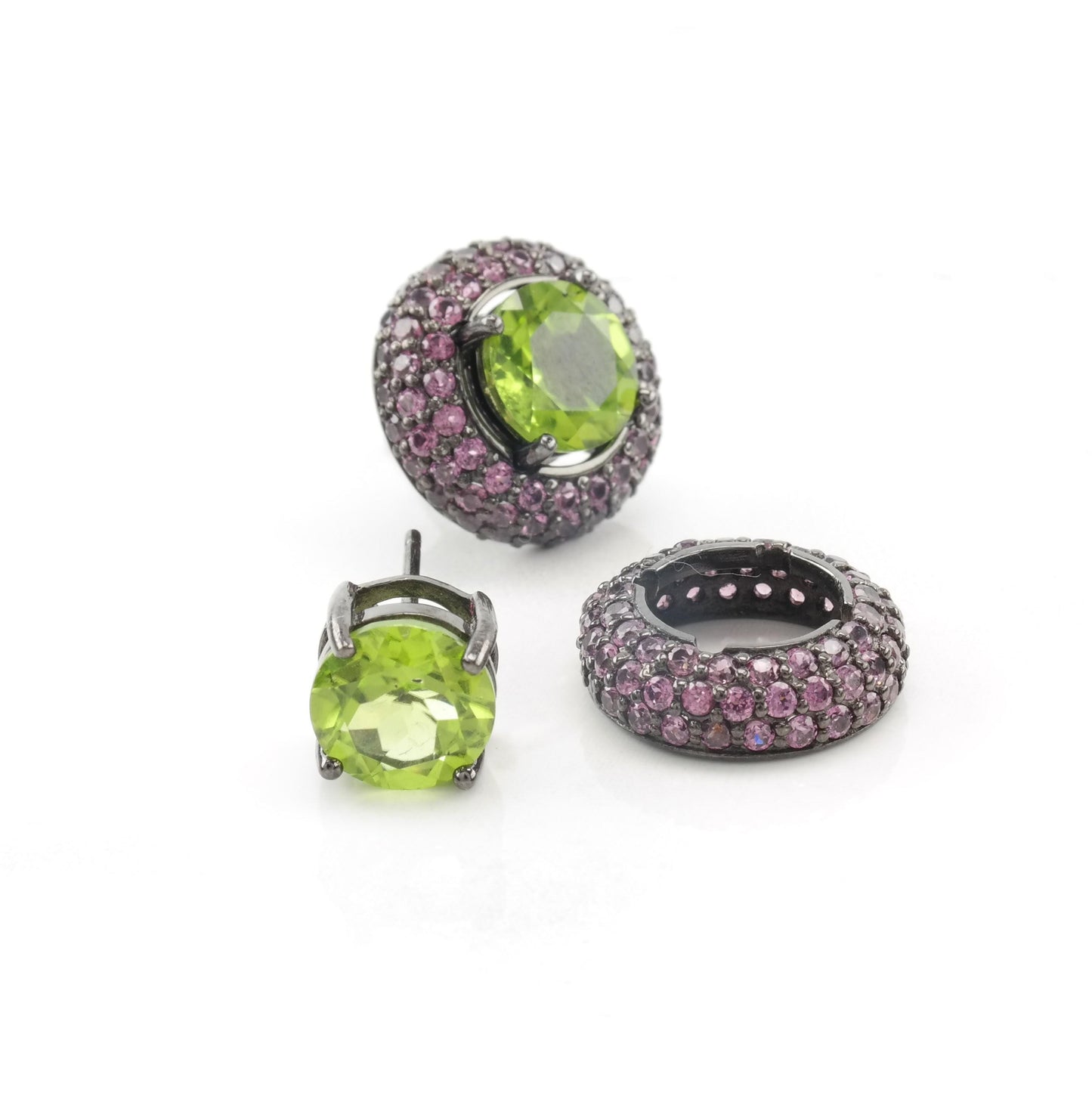 Vintage Oxidized Sterling Silver Stud Earrings Natural Peridot Garnet