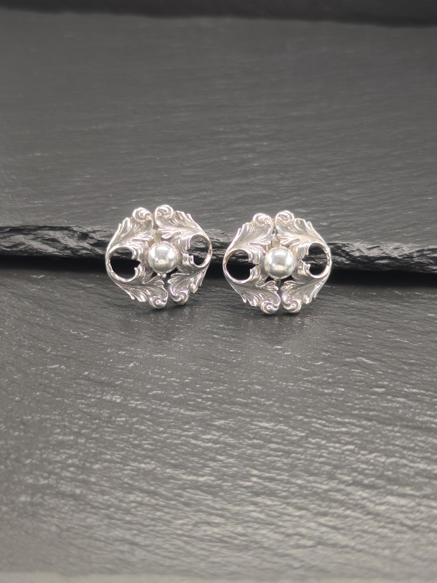 Vintage Sterling Silver Cini Floral Clip-On Earrings Art Nouveau Style