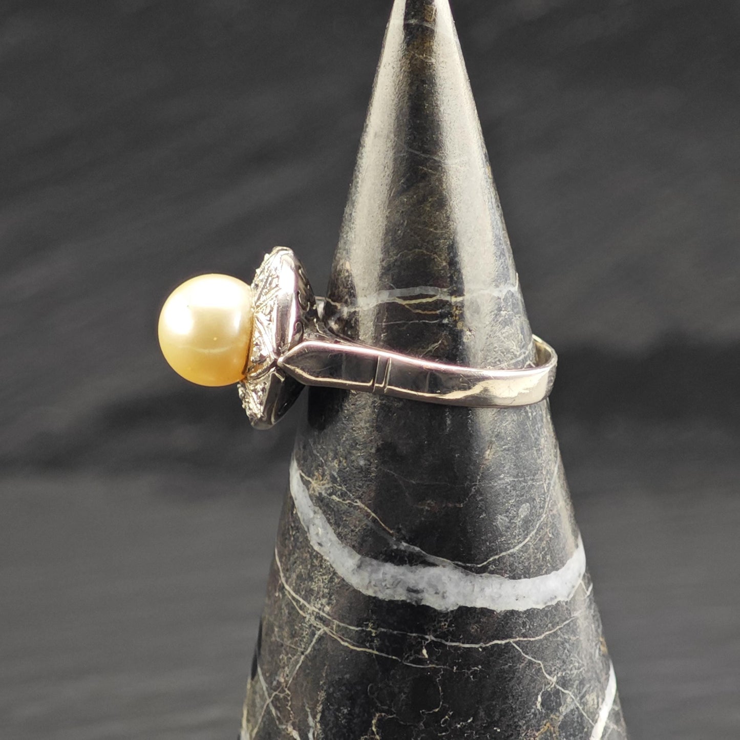 Art Deco Pearl Diamond Palladium Silver Ring Sz 6 1/2 R6715