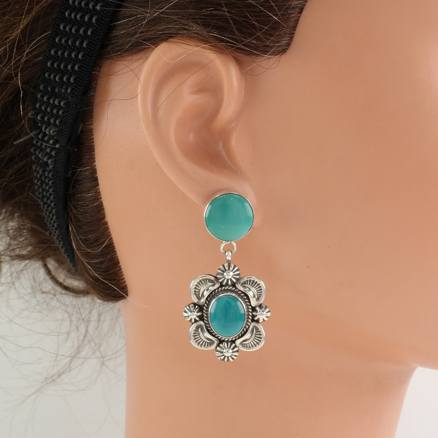 Navajo Sterling Silver Blue Turquoise Floral Earrings Stud, Dangle