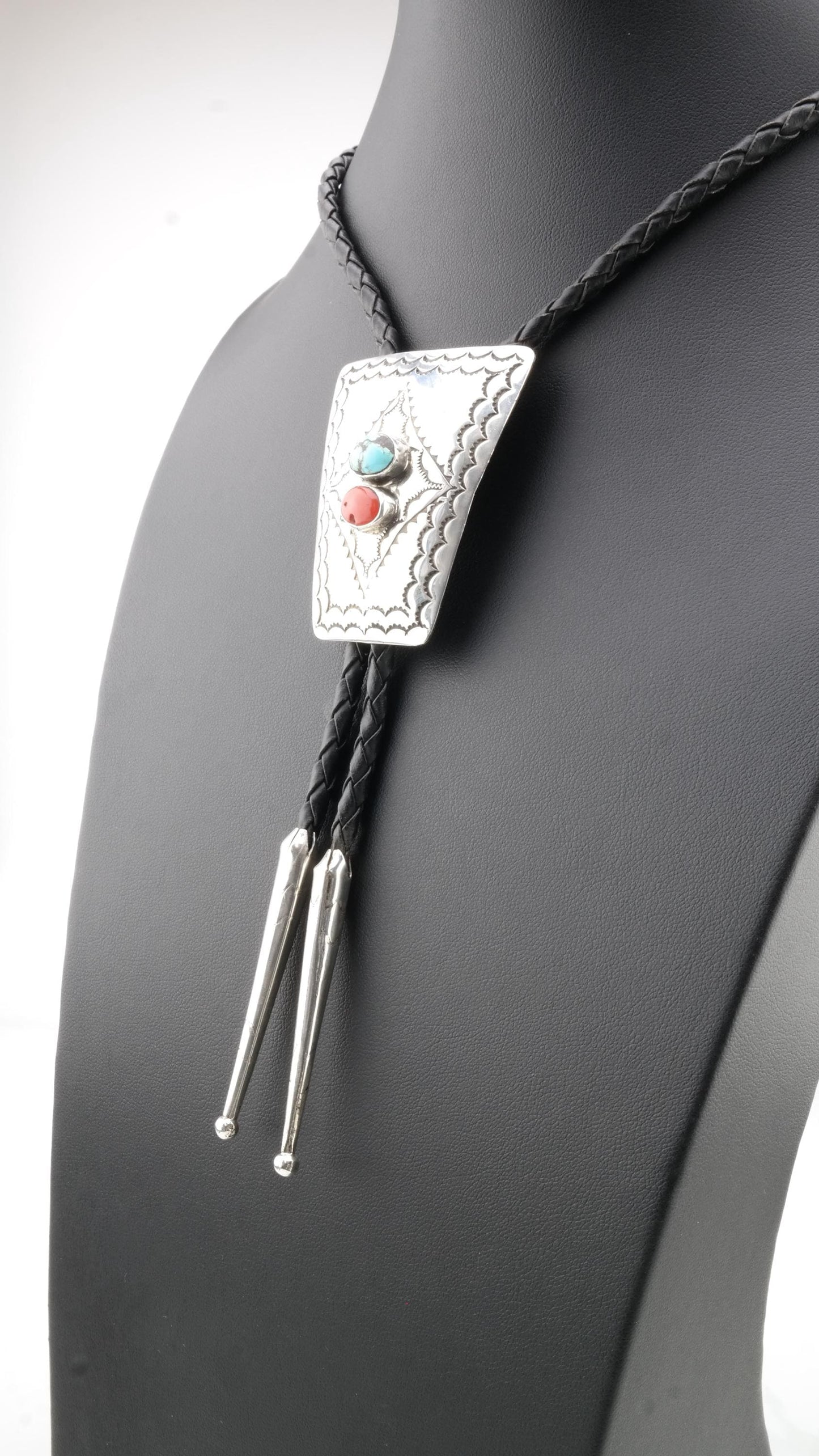 Native American Sterling Silver Blue, Red Turquoise Coral Bolo Tie Necklace