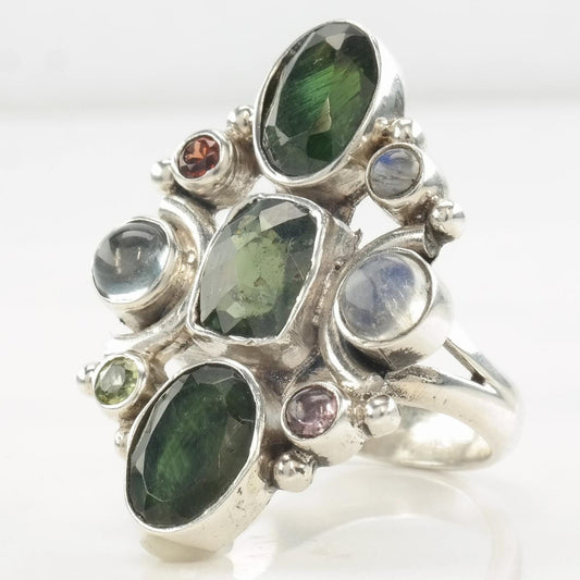 Vintage Sterling Silver Ring Green Diopside, Moonstone, Multi Gem Size 8