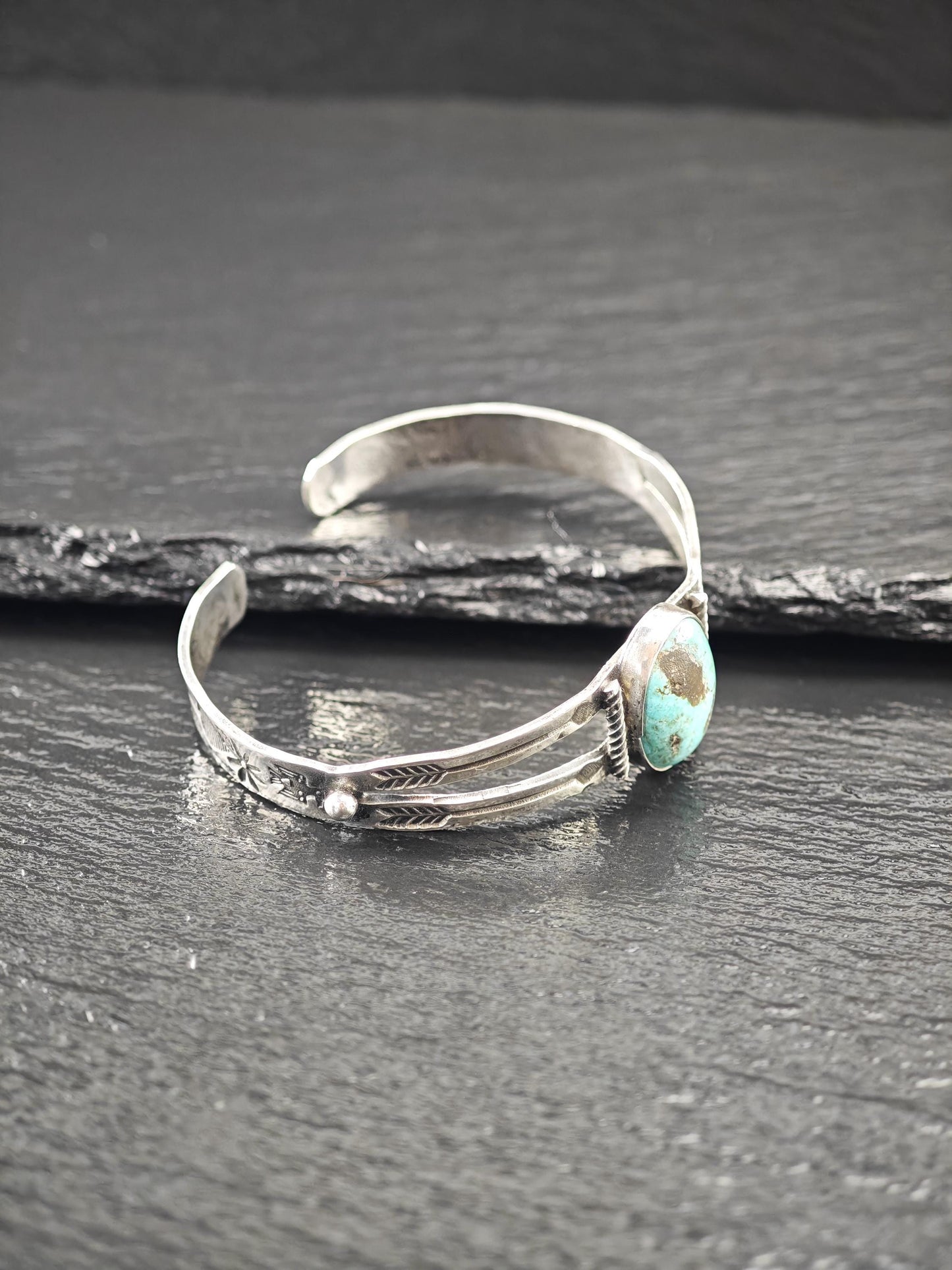 Curio Native American, Stamped Natural Turquoise Cuff Bracelet Sterling Silver