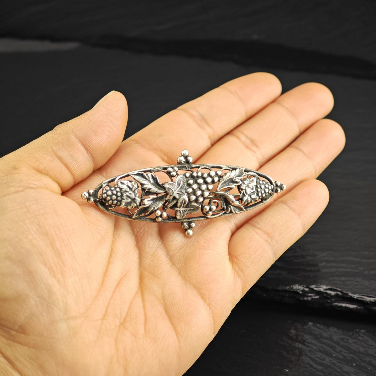 Mid-Century Grape Vine Sterling Silver Brooch B2235