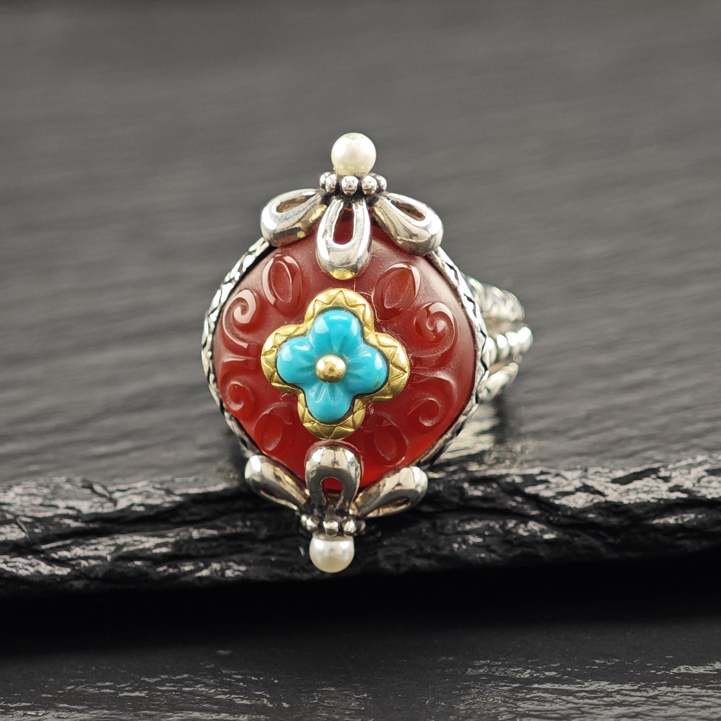 Bixby Turquoise Carnelian Ring 18K Gold Accents, Sterling Silver R5824