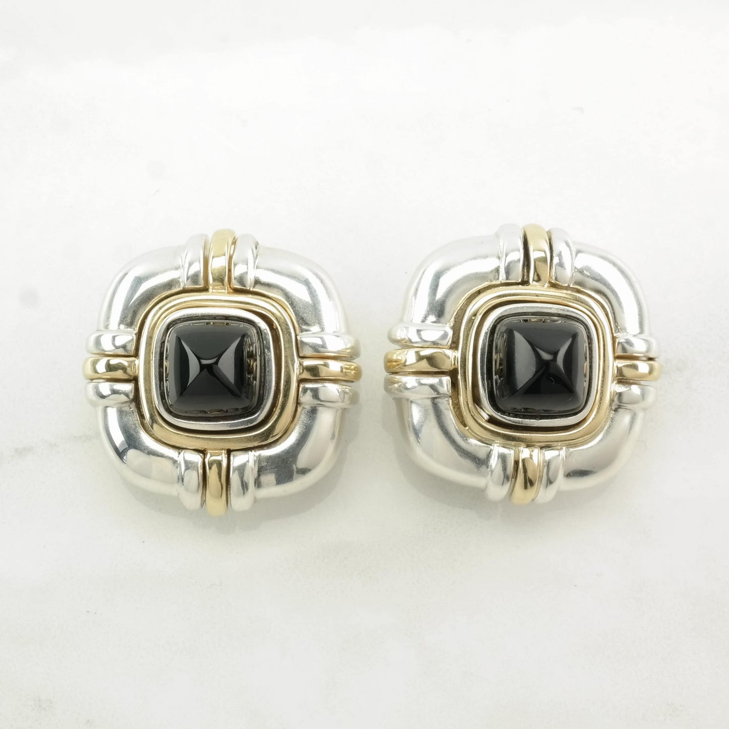 Designer Sterling Silver Black Onyx, 18K Gold Earrings Clip On