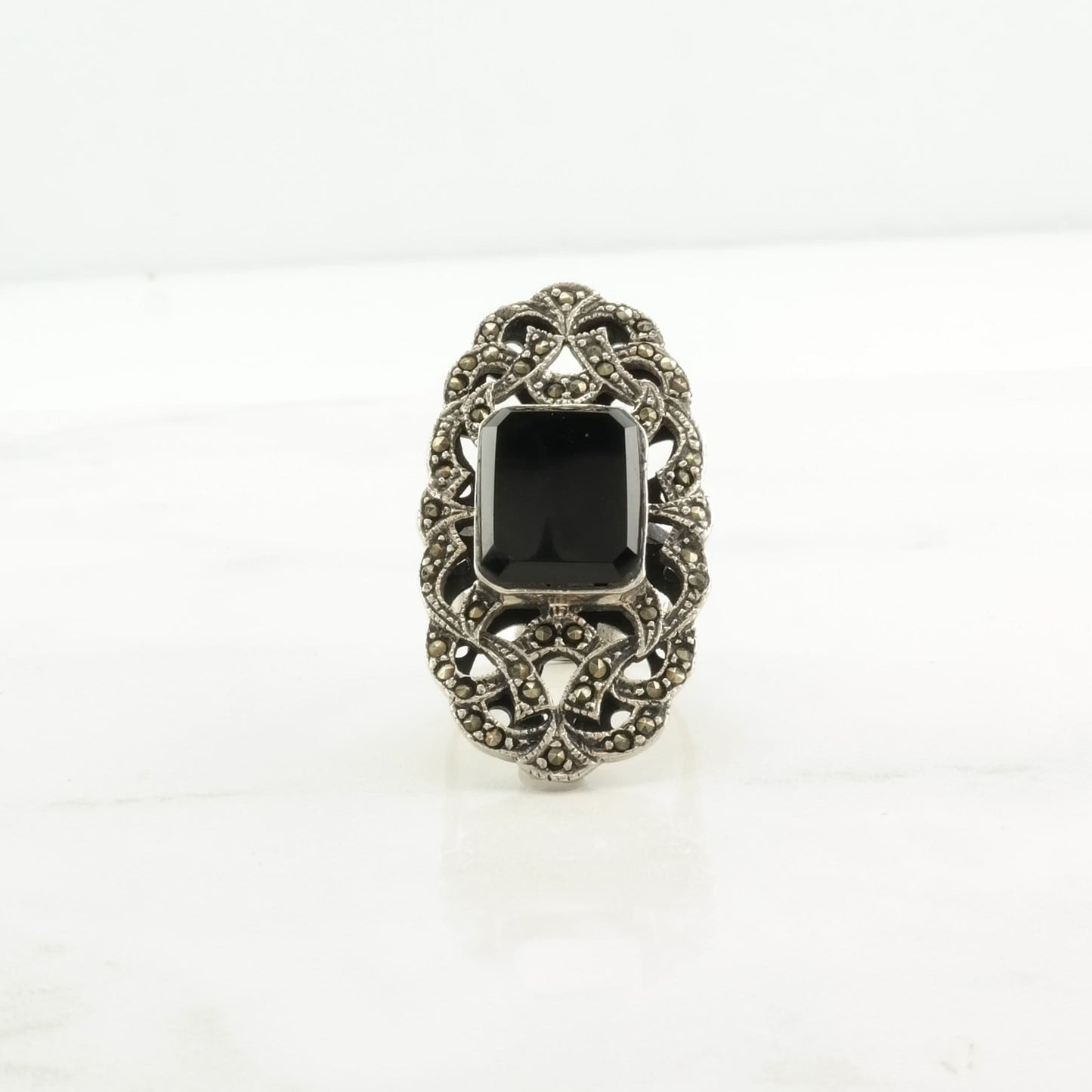 Art Deco Style Silver Ring Onyx, Marcasite Ornate Sterling Size 6 1/4