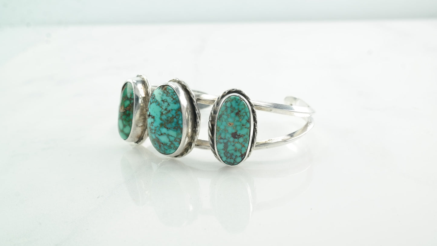 Green Spiderweb Turquoise Native American Sterling Silver Cuff Bracelet Three Stone