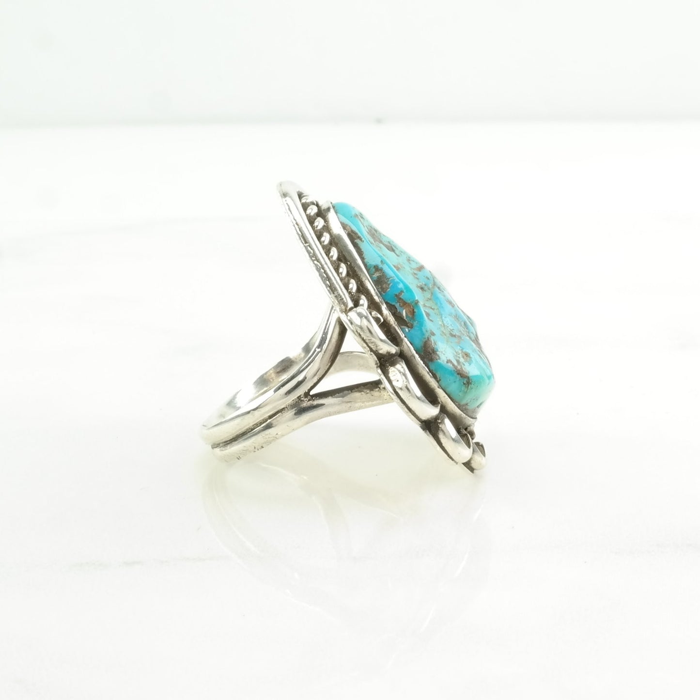 Native American Silver Ring Turquoise Rope Detail, Kingman Sterling Blue Size 8 1/2