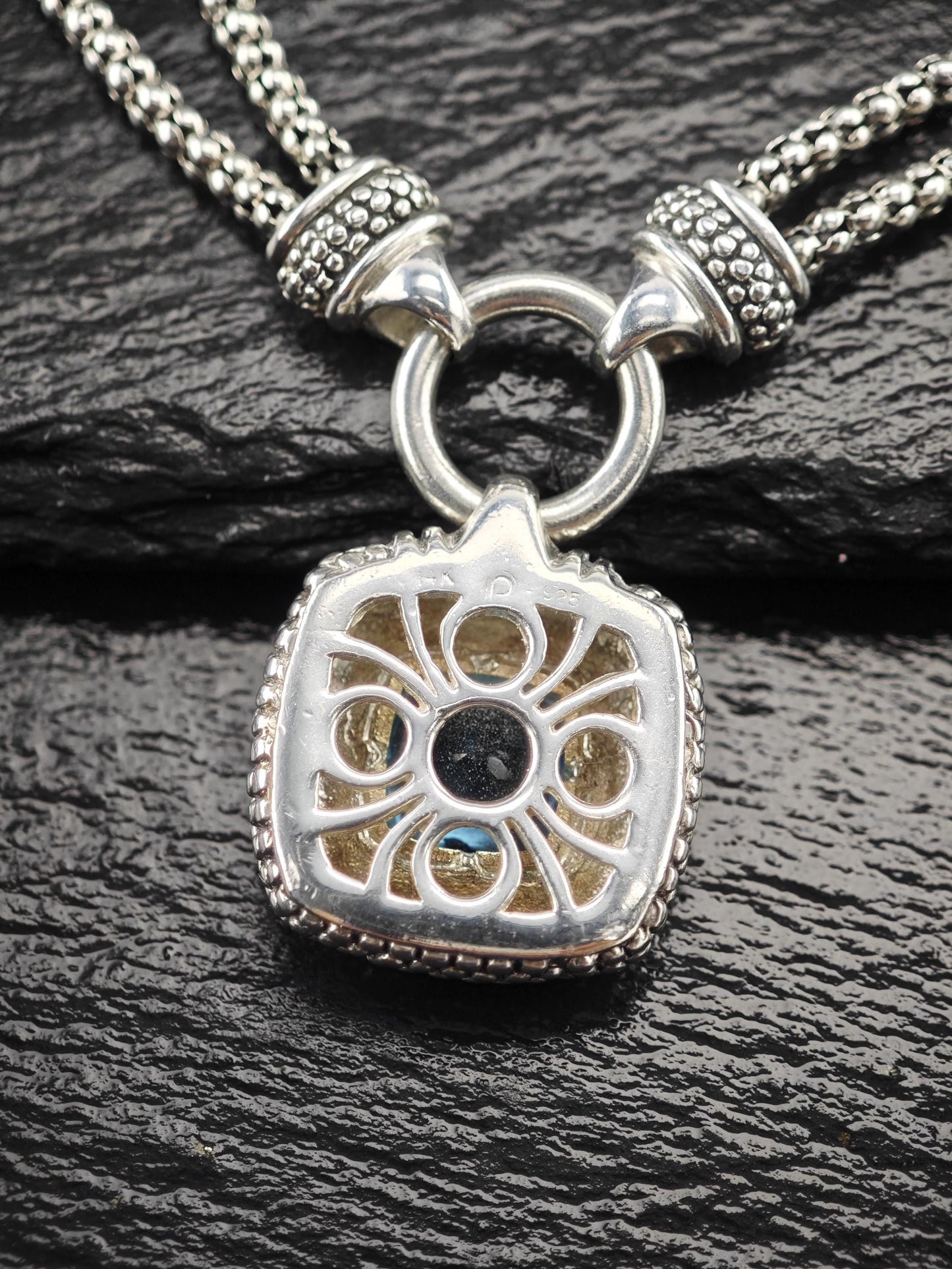 Designer Blue Topaz, 14k Gold Bezel Necklace Sterling Silver N2487