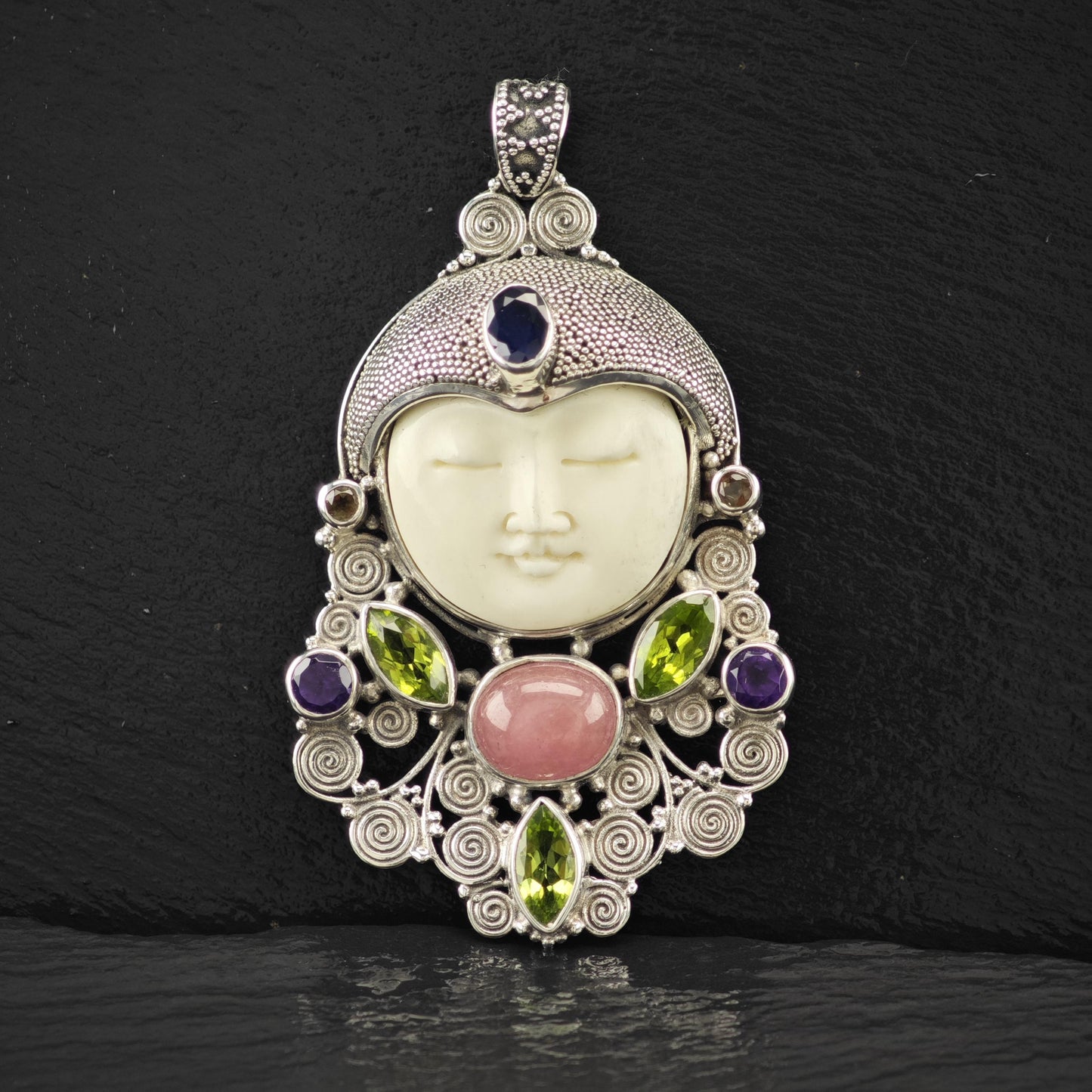 Carved Goddess Face Gemstones Pendant Sterling Silver P2806