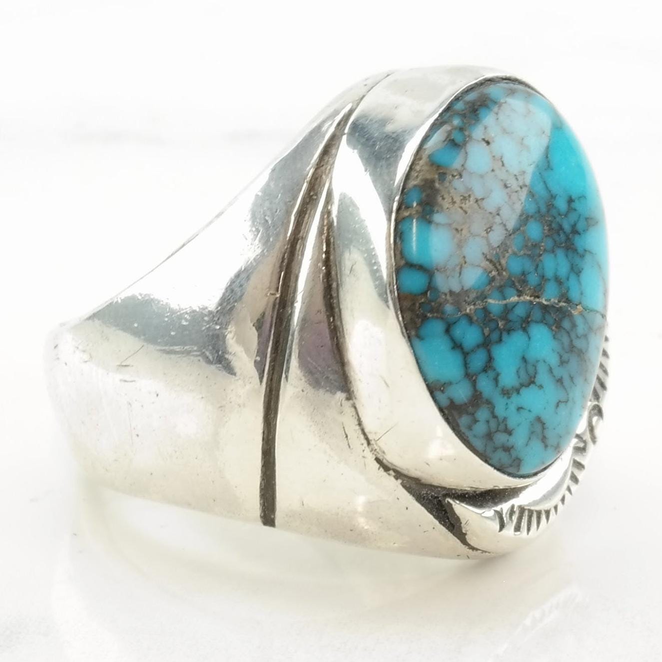 Vintage Native American Silver Ring Lone Mountain Spiderweb Turquoise Hairline Crack Sterling Size 8 1/4