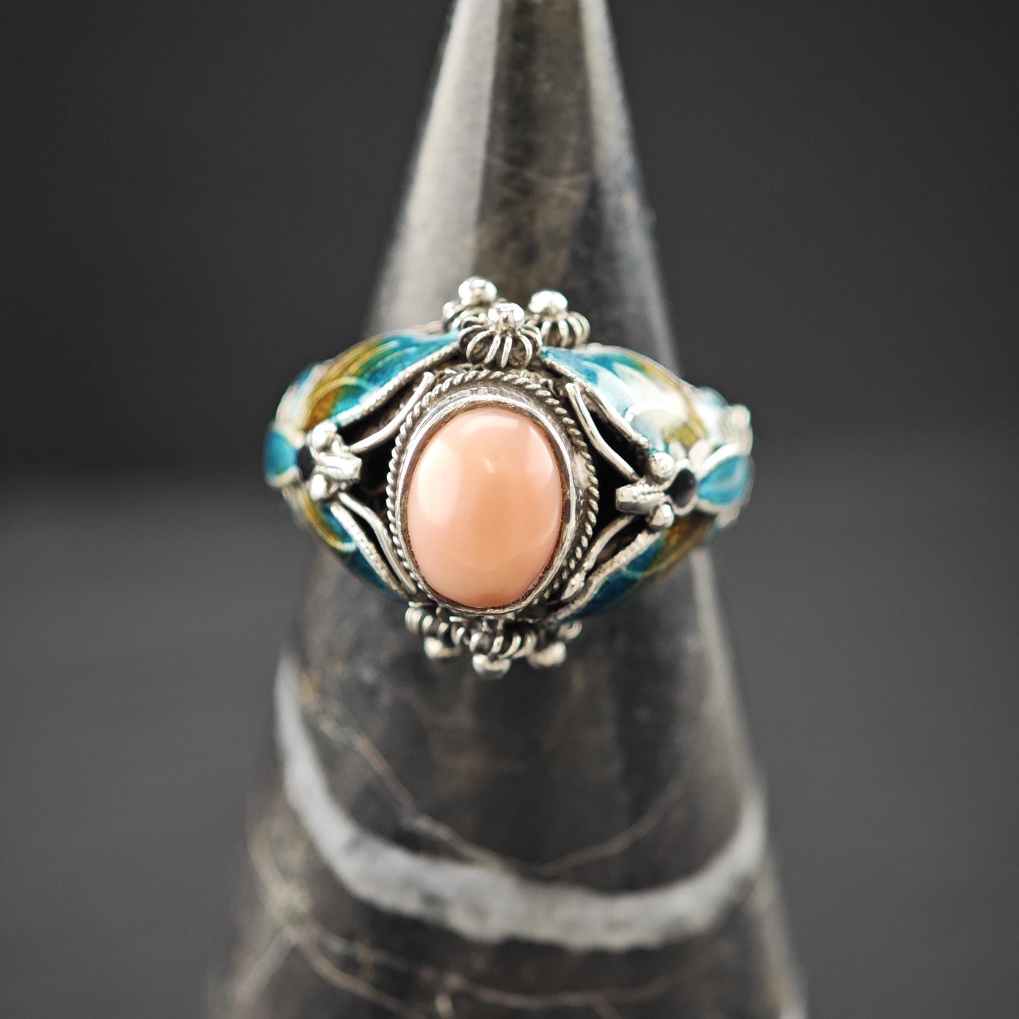 Chinese Export Enamel Butterfly Ring Sterling Silver Size 6