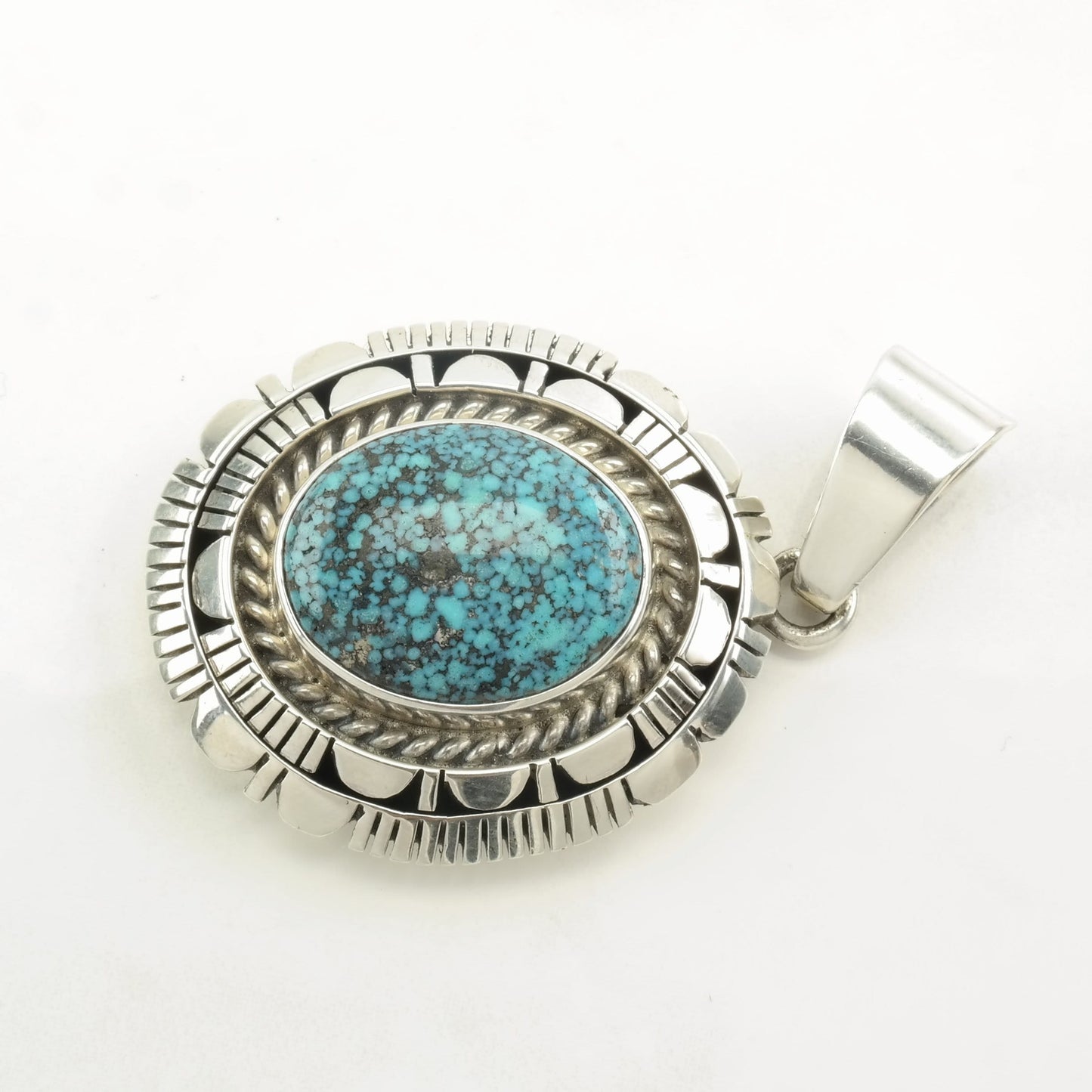 Native American Spiderweb Turquoise Oval Sterling Silver Pendant