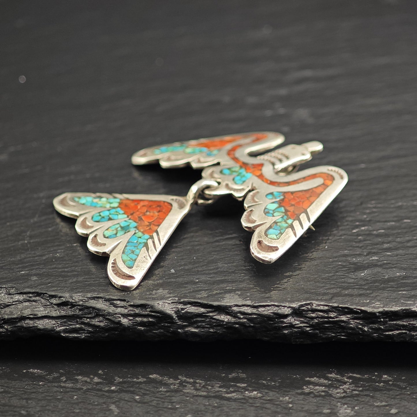 Native American Coral, Turquoise Inlay Thunderbird Pendant/Brooch, Sterling Silver P3020