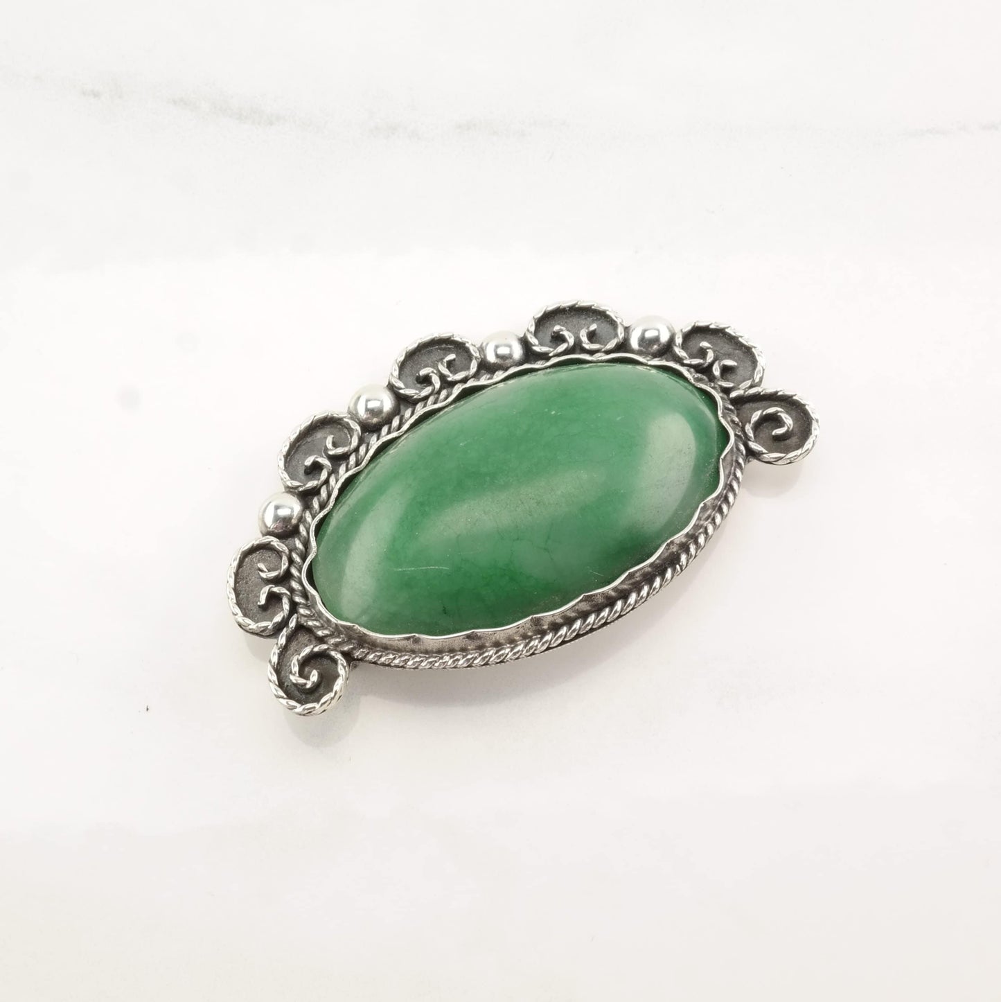 Taxco Sterling Silver Brooch Large Oval Guatemalan Jade