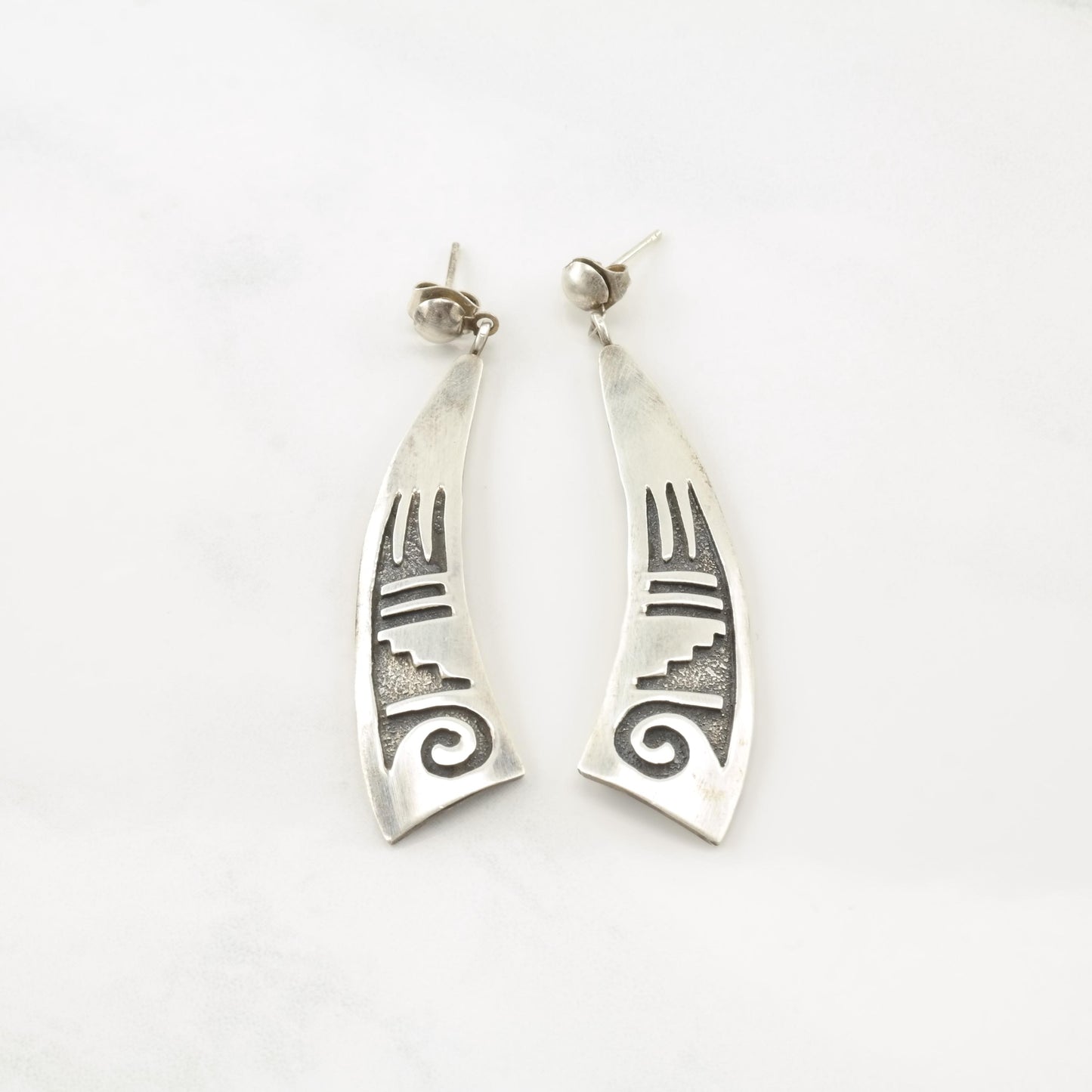 Vintage Native American Long, Overlay Sterling Silver Pierced Dangle Earrings