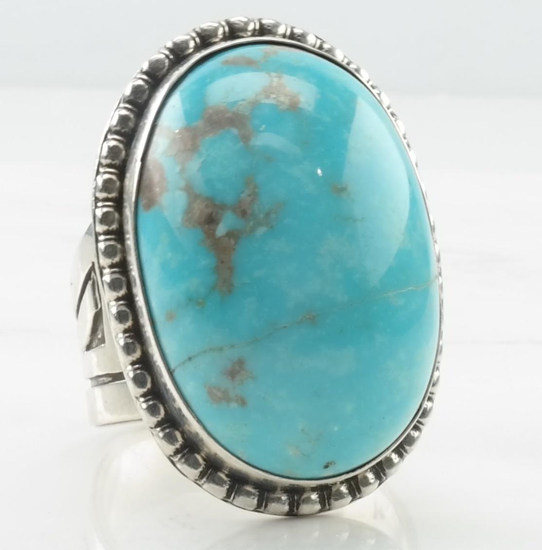 Vintage Navajo Sterling Silver Ring Turquoise Oval Blue Size 14 1/4