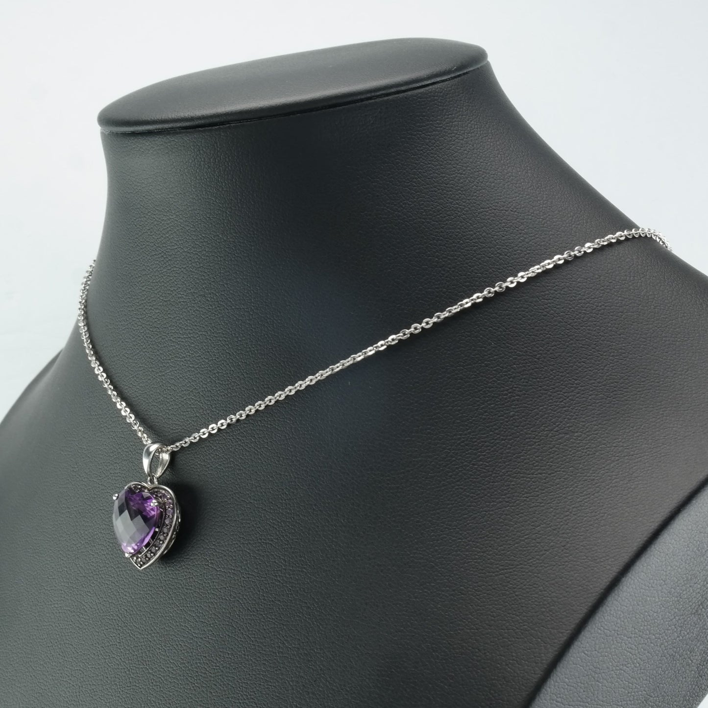 Sterling Silver Purple Amethyst Heart, Checkerboard Cut Necklace