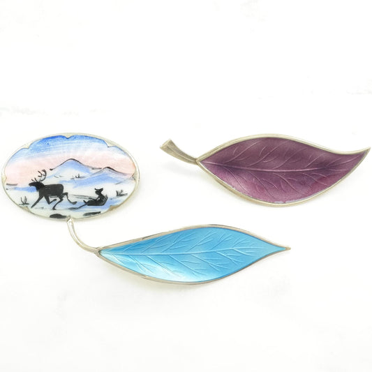 Choice: Enamel Sterling Silver Brooch Landscape, Leaf Norway, Denmark