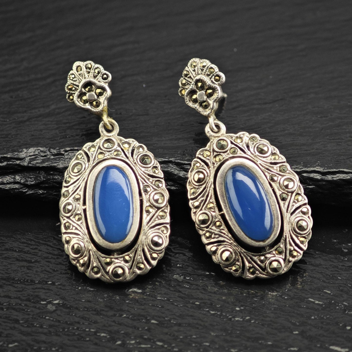 Art Deco Style Marcasite Oval Stud/Dangle Sterling Silver Earrings ER3182