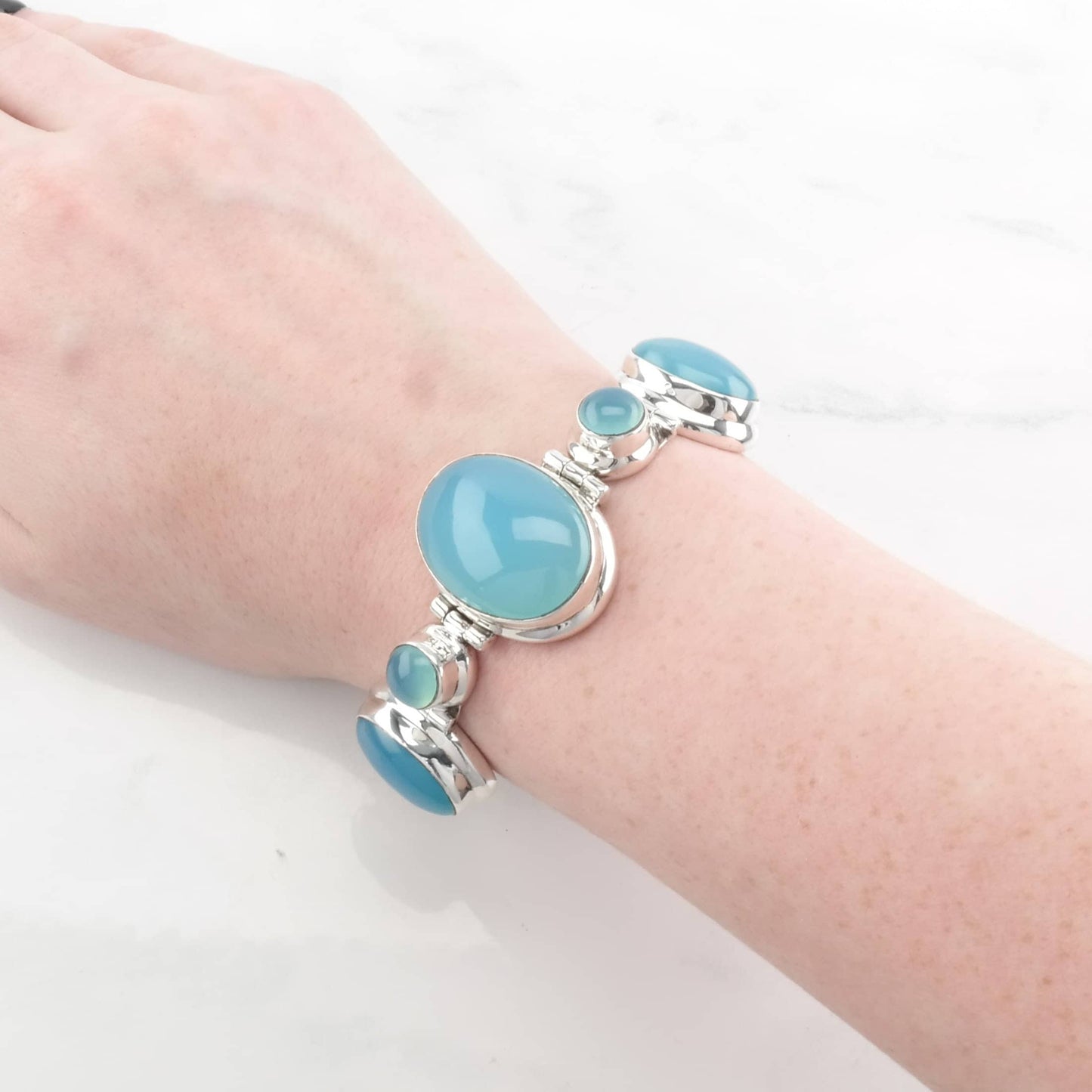 Vintage Blue Gem Silica Bracelet Sterling Silver Link Chalcedony Toggle Clasp