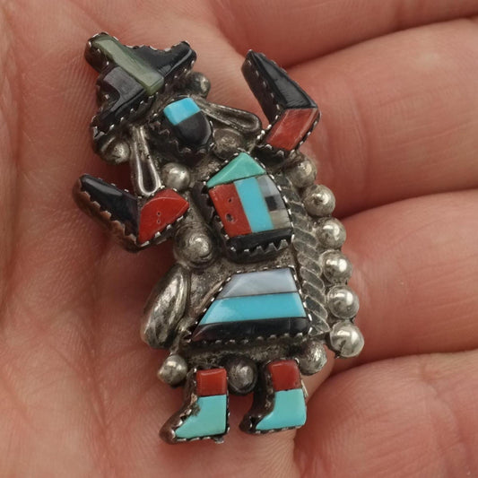 Zuni Kachina Inlay Brooch Pendant Sterling Silver Native American