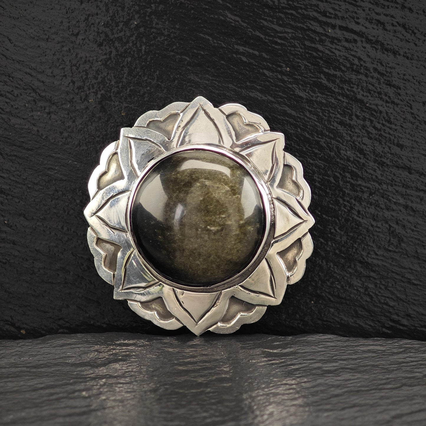 Vintage Taxco, Golden Sheen Obsidian Floral Pendant/Brooch Sterling Silver