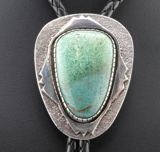 Rare Navajo Bolo Tie | Charles Singer Sterling Silver & Tufa Cast Turquoise | Southwestern Jewelry | 1970s